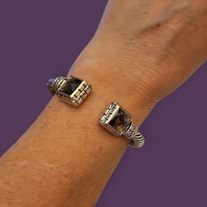 Vintage Twisted Metal Cable Rope Smokey Gem Cuff Bracelet